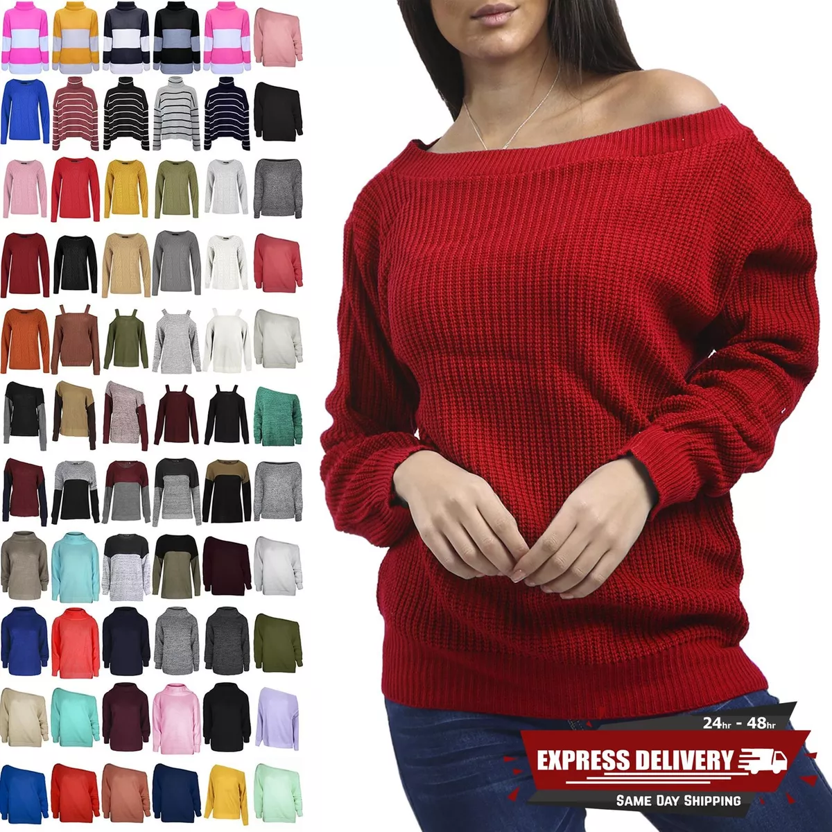 Womens Ladies Chunky Knitted Oversized Baggy Sweater Off The