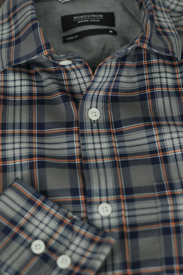 Nordstrom Men's Gray Blue Orange Plaid Cotton Casual Shirt M