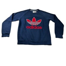 VTG Adidas Trefoil Embroidered Big Logo Fleece Sweatshirt Navy Blue/Red   Small