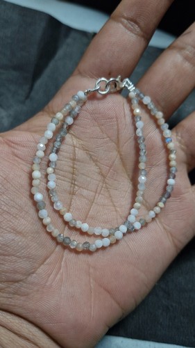 Multi Moonstone Gemstone 3 mm Round Beads 925 Silver 2 Layer String Bracelets - 第 1/8 張圖片