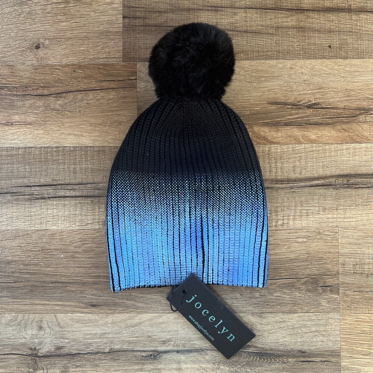 Jocelyn Metallic Knit Beanie with Black Pom Pom. OS Metallic Wool Blend Knit Hat with Toscana Shearling Lamb Pompom main image 2
