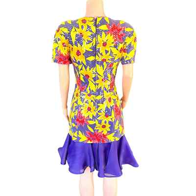 Vintage Rimini Yellow Purple Floral Sequin Dress Short Sleeve Ruffle Size  12 | eBay