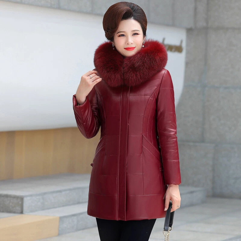 Winter Women's Real Fox Fur Collar Down Jacket Overcoat Mid Long Outwear Leather - Image 2 of 4