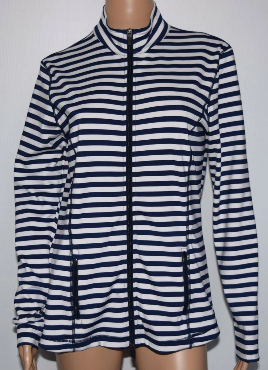 J. McLaughlin Blue White Striped Full Zip Mock Neck Jacket Size M
