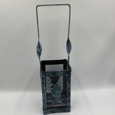 Tall Square Rustic Wire Metal Fish Basket Distressed Blue Color Beach Decor F