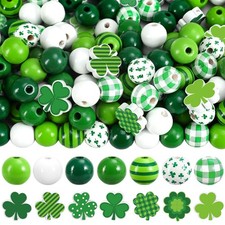 207Pcs St. Patrick' s Day Wooden Beads Round Loose Bead Green Stripe Plaid Polk