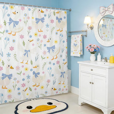 Cute Goose Shower Curtain,Pink Blue Daisy Flower Kids Bathroom Curtain,Cartoon B