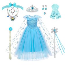 Kids Girls Elsa Princess Costume Birthday Cosplay Party Fancy Dress With Cape UK