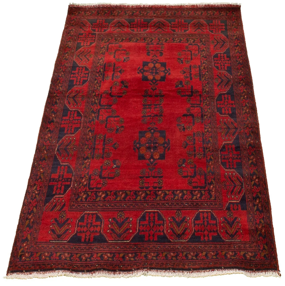 Alfombra geométrica vintage de lana tradicional anudada a mano de 3'7" x 4'11" Foto 2 de 4