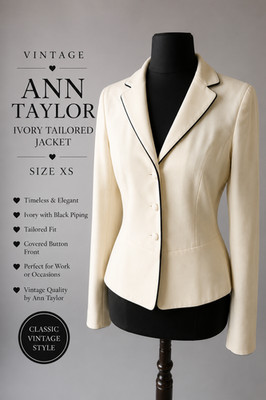 Vintage Ann Taylor Ivory Tailored Jacket Black Trim Blazer Size 4 XS Smart Forma