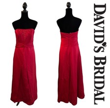 DAVID'S BRIDAL Strapless Satin Formal Gown Dress Rhinestone Bodice Womens 8 Red