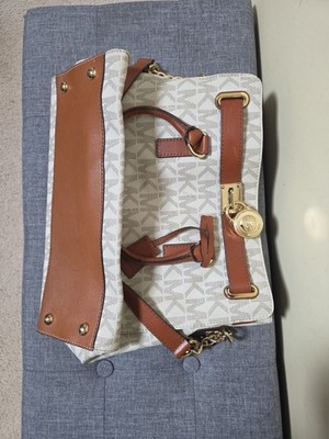 Michael Kors Hamilton Large Satchel Handbag Cream MK Signature Logo Canvas Brown