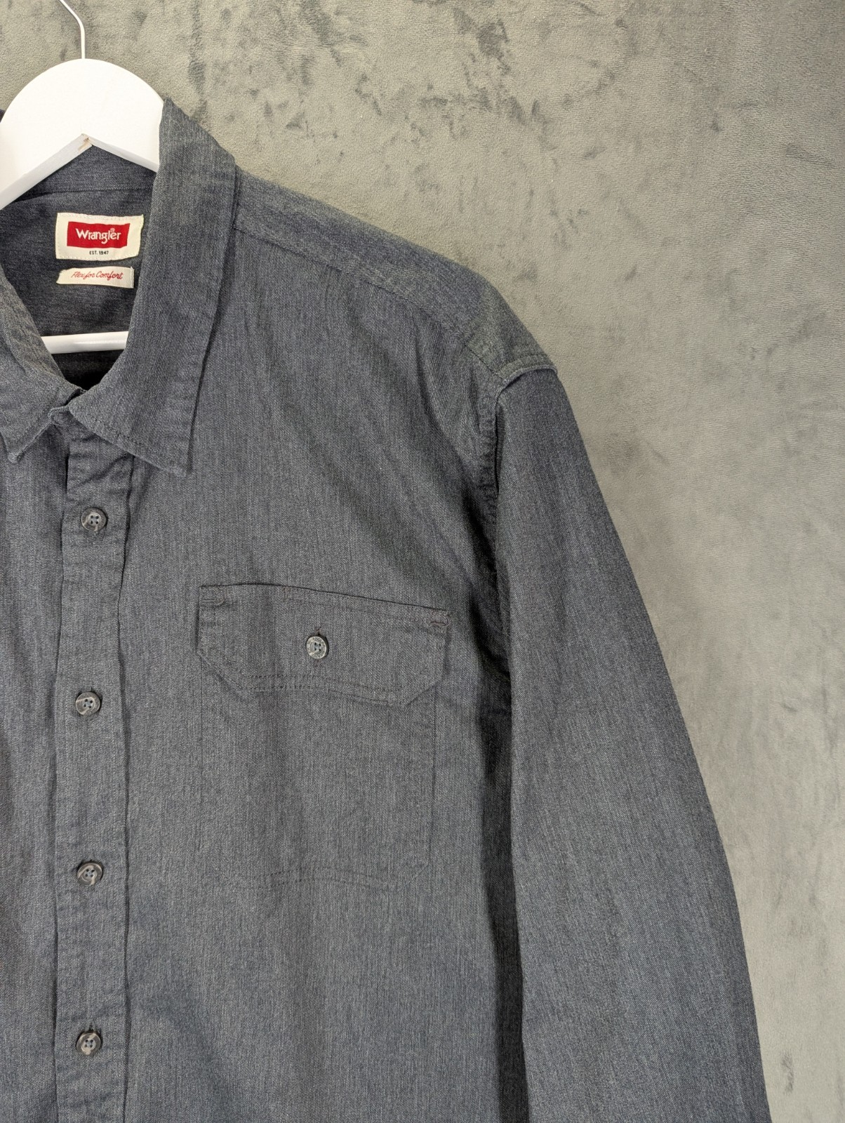 Wrangler Shirt 2XL Chambray Flex For Comfort Cotton Stretch Charcoal Relaxed USA image 4