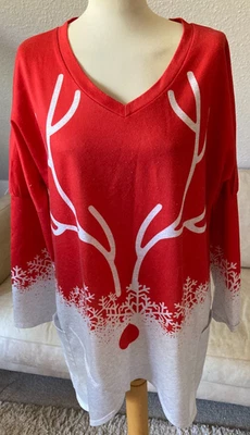 Robe Pull Femme Noël Motif Renne XXL Rouge Blanc Polyester Manches Longues - Photo 1/4