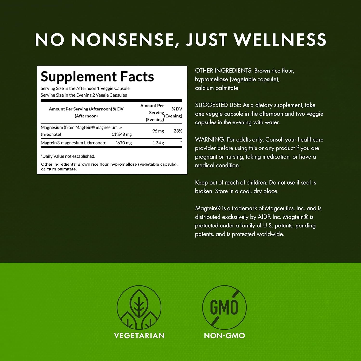 2 Pack Magnesium L-Threonate Featuring Magtein 180 Veggie Caps Cognitive Health