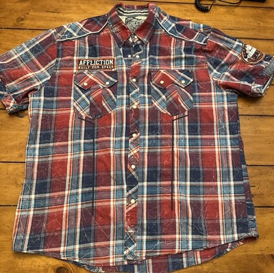 Affliction Button Up Men's Red Plaid Shirt Black Premium 2XL