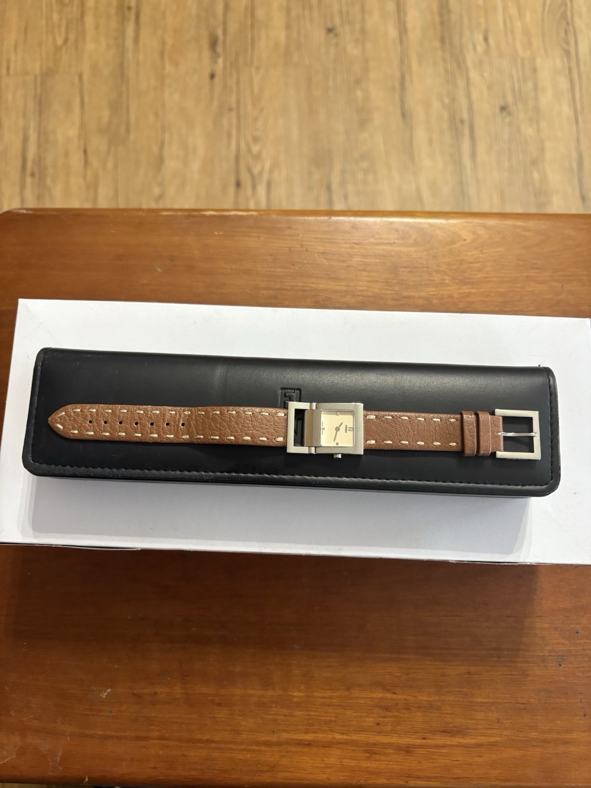 Fendi rectangular silver-tone watch with a tan le… - image 11