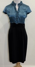 Clarie Y2K Teal Satin Ruffle Black Pencil Sheath Dress 10 Office Siren 2000s