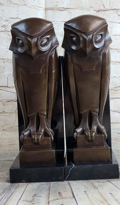 Salvador Dali Modern Art Owl Bronze Bookend Sculptures on Marble Base