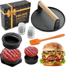 POLIGO Smash Burger Press Kit - 4 in 1 Hamburger Patty Storage Black Round 