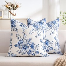 Chinoiserie Floral Pillow Covers 18 x 18 Inch Vintage Royal Blue Flower Decor...