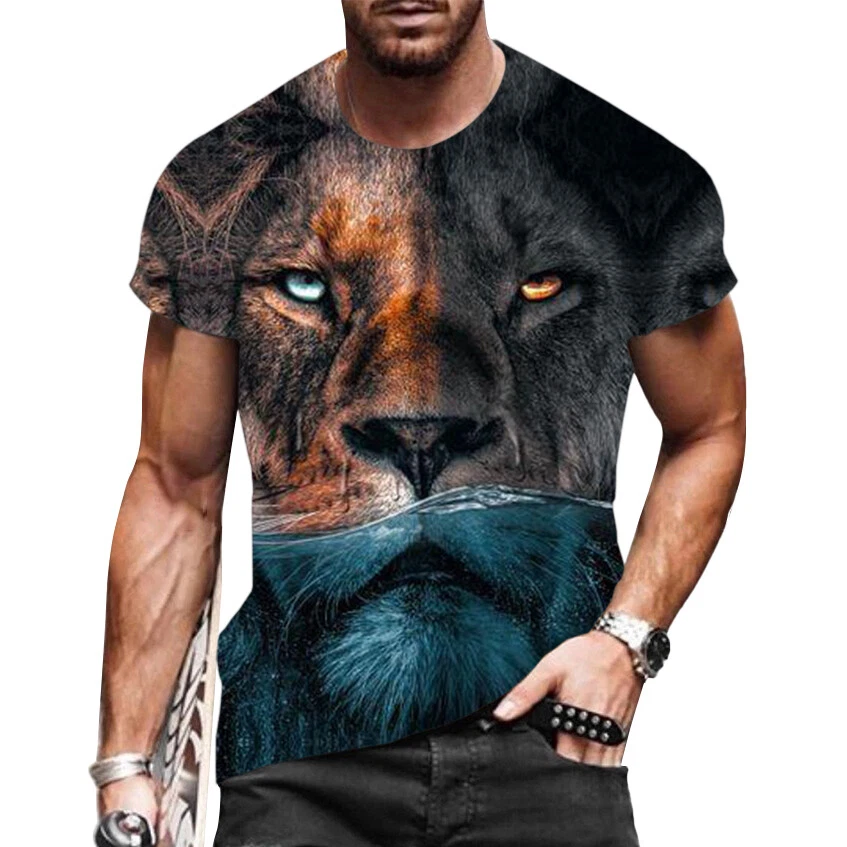 T Shirts Men Fashion Graphic Print Short Sleeve Water Lion Vintage T-Shirt Silky