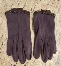 Vintage Size S Brown Cotton Gloves Beaded Bow Wrist