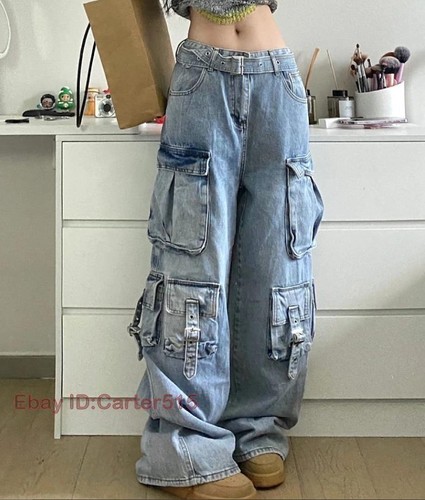 Women's Blue Denim Jeans Straight Leg Loose Fit Pockets Belt Pants Punk Trousers - Picture 9 of 17