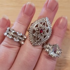 SALE Three Silver Tone Rhinestone Stretch Rings, Size 7.5 Size 8