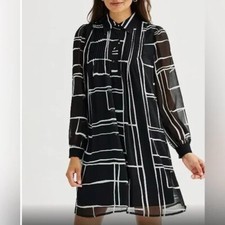 Nine West Women's Swing Pintuck Dress Petite PXS Black Pleated Shift Long Sleeve