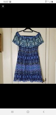 ELIZA J blue floral peasant off shoulder fitted waist a line dress | eBay