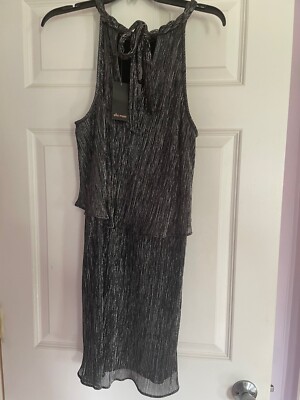 NWT $228 ELLA MOSS Black Silver Cerine METALLIC Stripe Tiered Party Dress L 