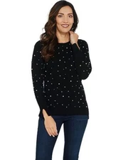 Isaac Mizrahi Black 2-ply Cashmere Faux Pearl Crewneck Sweater New