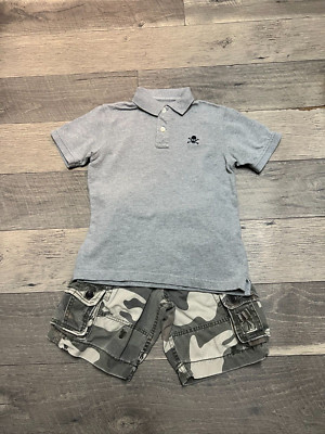 Gap Kids camo cargo shorts with skulls and gray polo shirt outfit set size 6