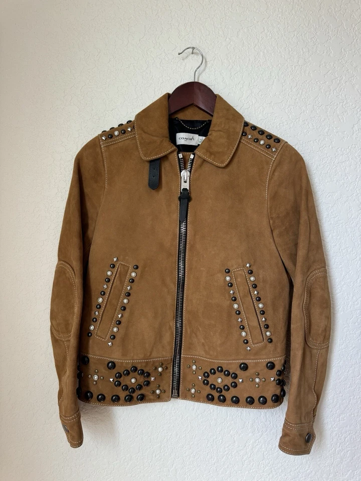 ТРЕНЕР женщин $1795 верблюд коричневый замши кожаная куртка с заклепками + юбка - Изображение 2 из 4