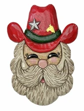 11” Painted Cowboy Santa St Nick Head Christmas Plaque Sign Resin Faux Wood