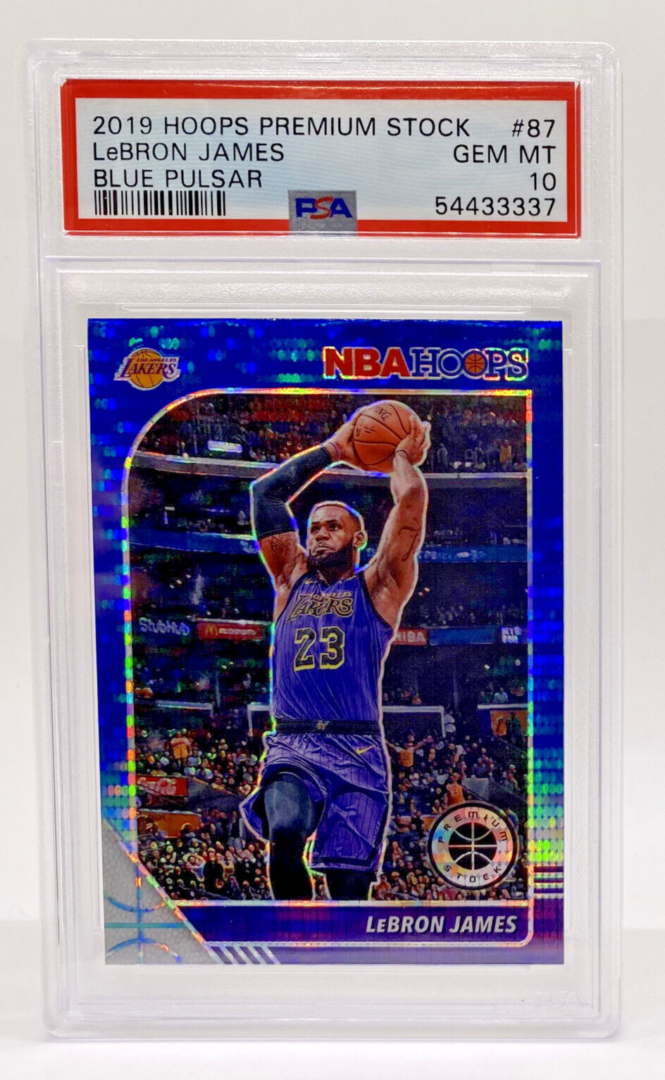 2019-20 NBA Hoops Premium Stock LeBRON JAMES Blue Pulsar Prizm PSA 10 Lakers #87