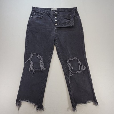 Free People Jeans Women 31 Black Straight Ankle Fray Button Fly Distressed Denim
