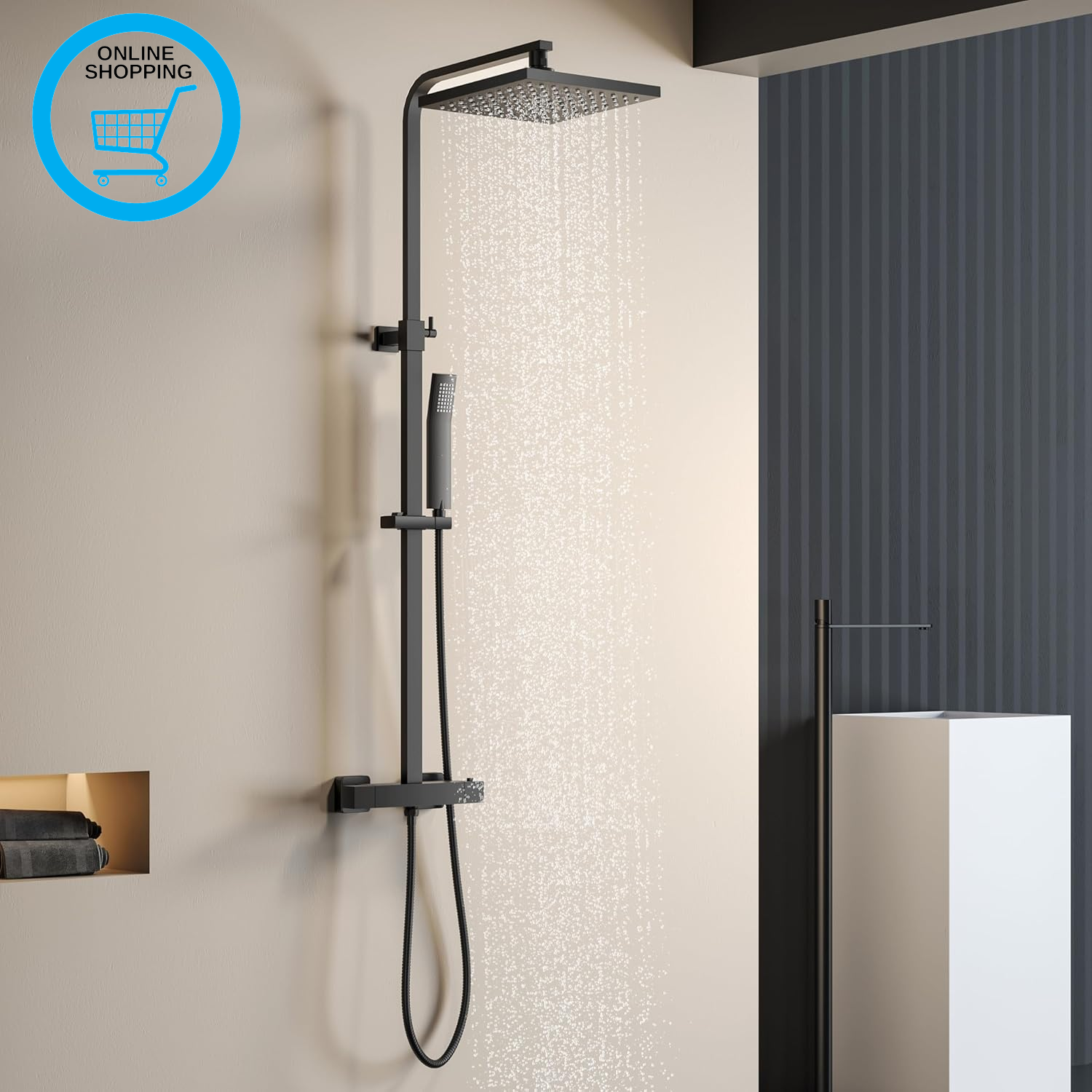 Shower Mixer Set,Thermostatic Shower Mixer,Square Rainfall,Adjustable-Height Sho