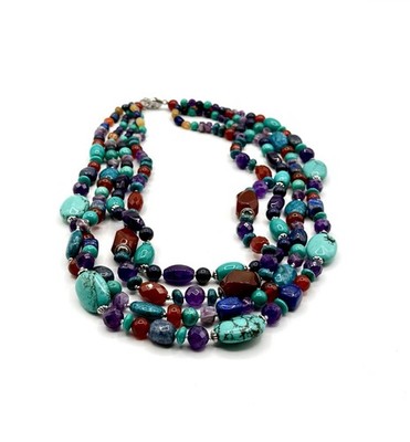 Multi-Strand Beaded Gemstone Necklace LUC CN Some Semi-Precious Polished Stones