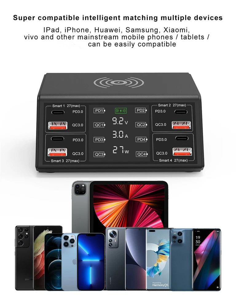 100W Multi USB Type C QC 3.0 PD Fast Charger Station Phone Wireless Charging - Image 4 of 4