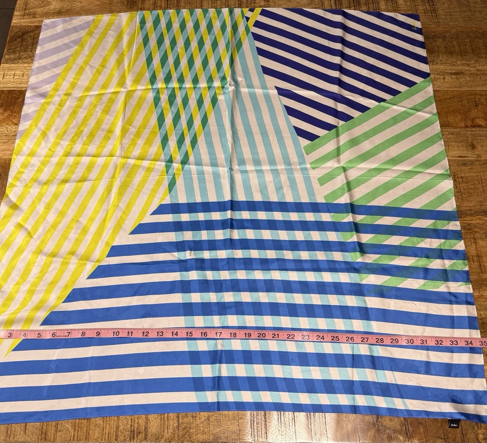 Echo 100% Silk Scarf Blue Green Yellow Striped Geometric Square 34”
