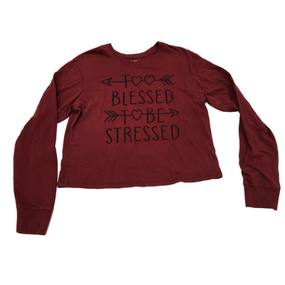 Gold Rush Top Womens Large Too Blessed To Be Stressed Long Sleeve Shirt Burgundy