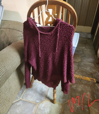 Women s Burgundy Fleece Pullover Hoodie Drawstring Solid Long Sleeve M/L