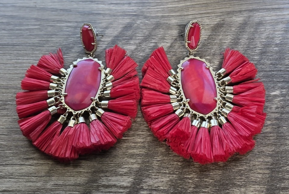 Kendra Scott Cristina Raffia 17 Tassels Drop Gold Tone Dangle Earrings Red Pink - Image 3 of 4