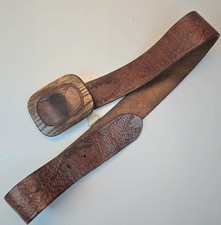 Gap Brown Belt Genuine Leather 28-32" Unisex Bull Buckle Brown Floral Embossed