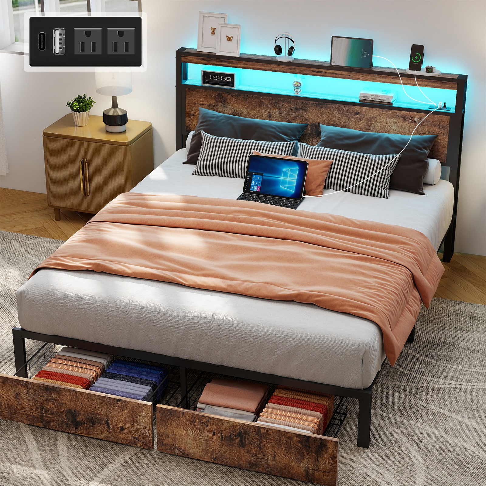 With 2 Storage Drawers ＆charging,led