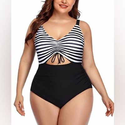 Daci High Waisted Monokini Bathing Suit Black And White Stripe Plus Size 16W NWT