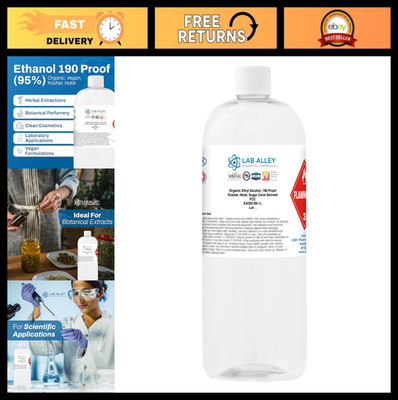 Organic 190 Proof Ethanol (95%) - Vegan Sugar Cane Alcohol, FCC Food Grade, 1L