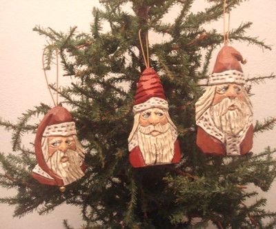 Three  Hand Carved Heirloom Balsa Wood  Santa  Ornaments